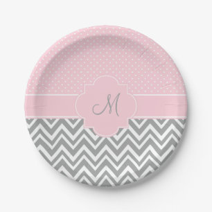 Monogram grijze Chevron met pastroze polaire dot Papieren Bordje