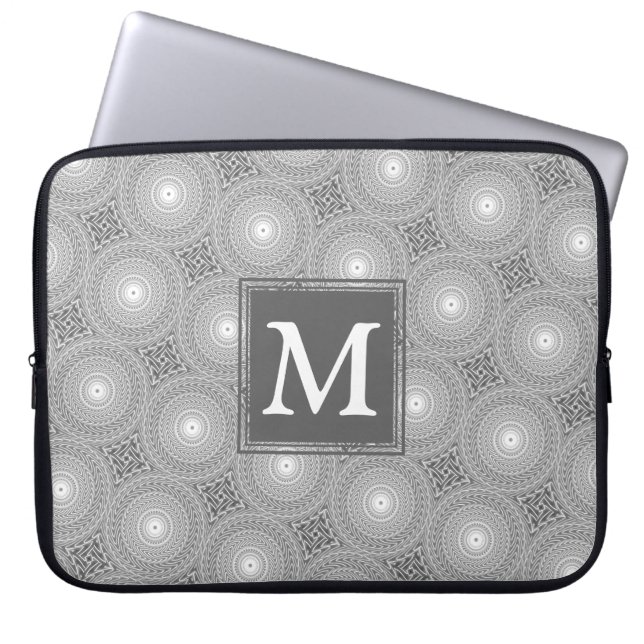 Monogram grijze cirkels patroon laptop sleeve (Voorkant)