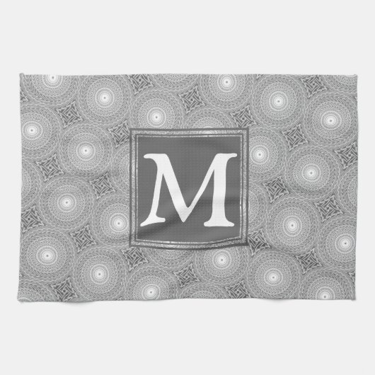 Monogram grijze cirkels patroon theedoek (Horizontaal)