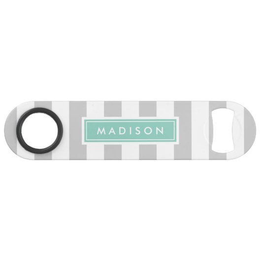 Monogram grijze en Aqua Preppy Stripes Speed Flessenopener (Voorkant (Horizontaal))