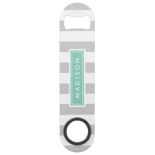 Monogram grijze en Aqua Preppy Stripes Speed Flessenopener (Voorkant)