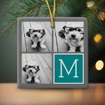 Monogram grijze en Blauwgroen fotocollage Keramisch Ornament<br><div class="desc">Gebruik 3 vierkante foto's om een uniek en persoonlijk cadeau te creëer.</div>