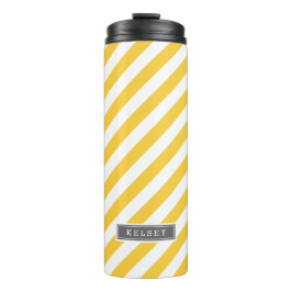 Monogram grijze en gele preppy stripes thermosbeker