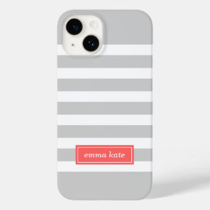 Monogram grijze en koraalpreppy stripes Case-Mate iPhone case