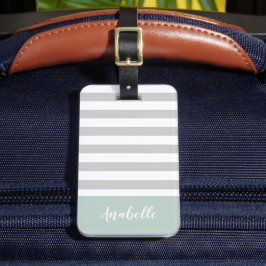 Monogram grijze en mint Stripes | bewerkbare kleur Bagagelabel