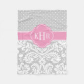 Monogram grijze en roze Damask Polka Dots Fleece Deken (Voorkant)
