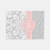 Monogram grijze en roze Damask Polka Dots Fleece Deken (Voorkant (Horizontaal))
