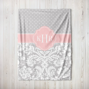Monogram grijze en roze Damask Polka Dots Fleece Deken