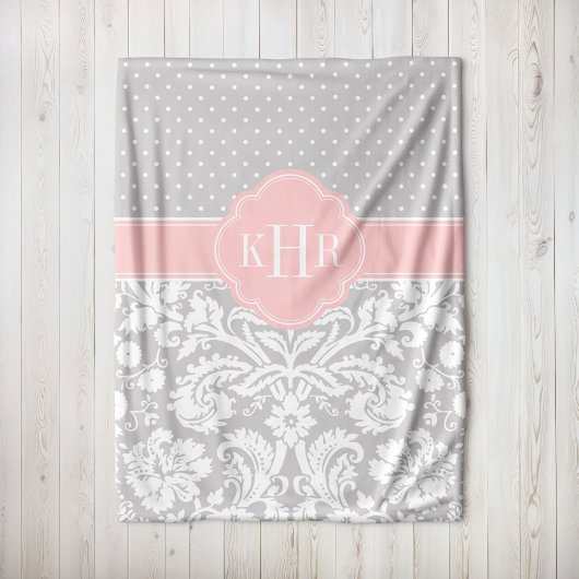 Monogram grijze en roze Damask Polka Dots Fleece Deken
