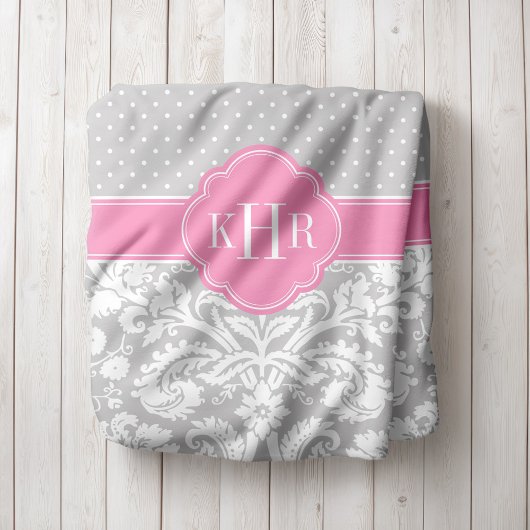 Monogram grijze en roze Damask Polka Dots Fleece Deken