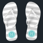 Monogram grijze en Turquoise Preppy Stripes Teenslippers<br><div class="desc">Aangepast gedrukte flip flop sandalen met een preppy nautical stripe patroon en uw aangepaste monogram of andere tekst in een cirkelvormig lijst. Klik aanpassen het om tekstdoopvonten en kleuren te veranderen of uw eigen afbeeldingen toe te voegen om unieke één van een soortontwerp te creëer!</div>