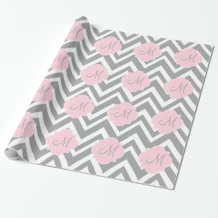 Monogram grijze en witte Chevron met Pastel Roze Cadeaupapier