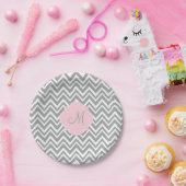 Monogram grijze en witte Chevron met Pastel Roze Papieren Bordje (Feest)