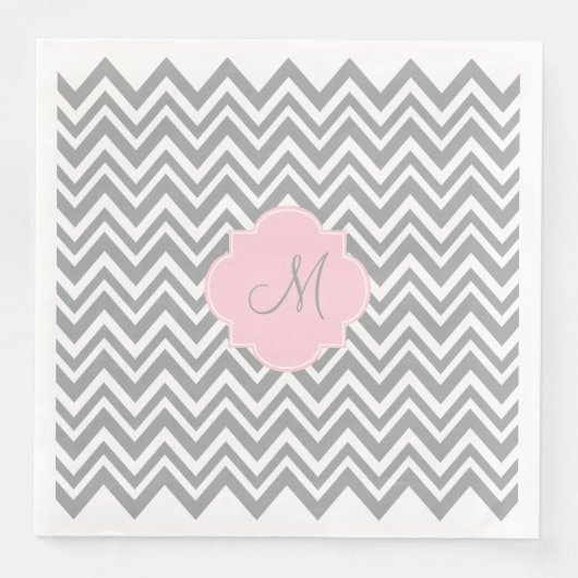 Monogram grijze en witte Chevron met Pastel Roze Servetten (Voorkant)