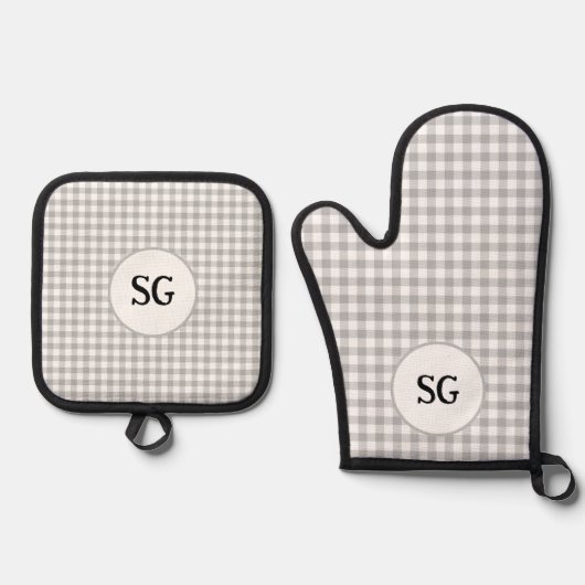 Monogram grijze Gingham-controle Ovenwant & Pannenlap Set (Voorkant)