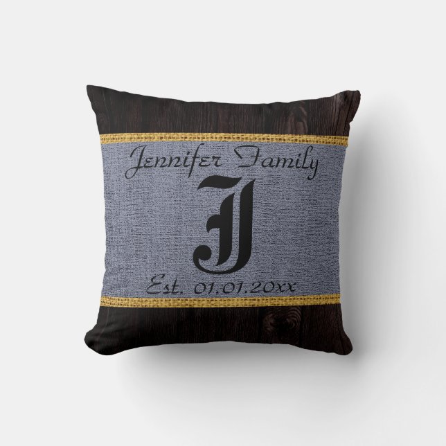 Monogram Grijze Rustic Burlap Linen Wood Kijk Kussen (Voorkant)