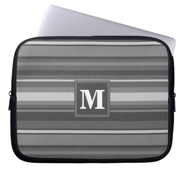 Monogram grijze strepen laptop sleeve (Voorkant)