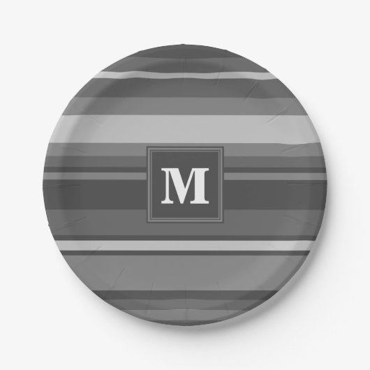Monogram grijze strepen papieren bordje (Voorkant)