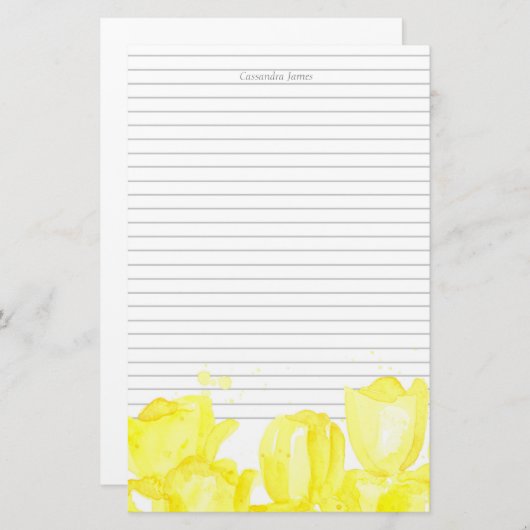 Monogram Grijze Voering Gele Tulp Bloemen Briefpapier (Voorkant / Achterkant)