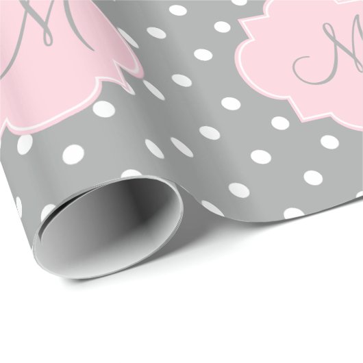 Monogram grijze, witte en parelroze polaire dot cadeaupapier (Rol Hoek)