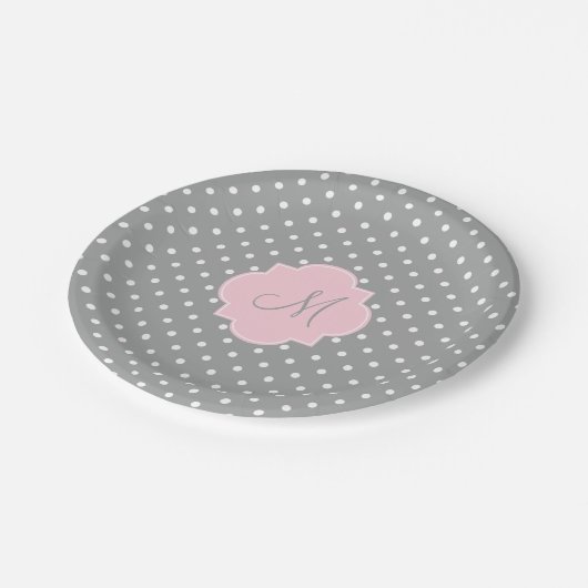 Monogram grijze, witte en parelroze polaire dot papieren bordje (Gekanteld)
