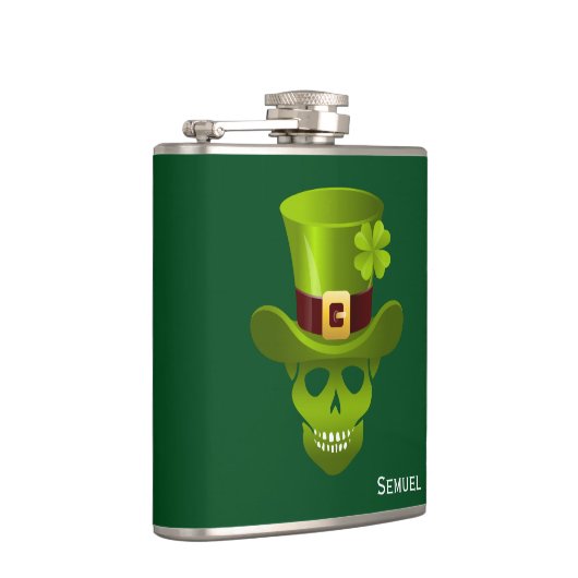 Monogram groen 4 Leaf Shamrock Skull en Green Pet Heupfles (Rechts)