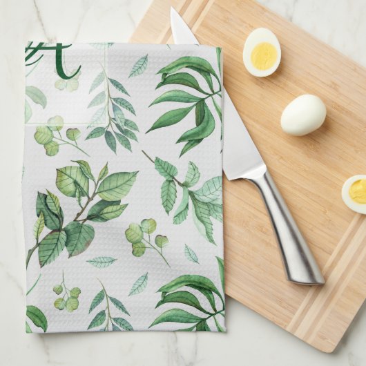 Monogram Groen Blad Botanisch Huisdecor Theedoek (Quarter Fold)