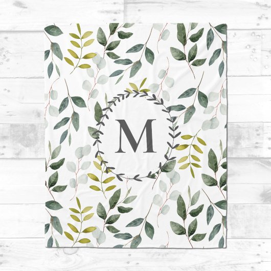 Monogram groen blad Waterverf Fleece Deken