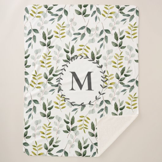 Monogram groen blad Waterverf Sherpa Deken (Voorkant)