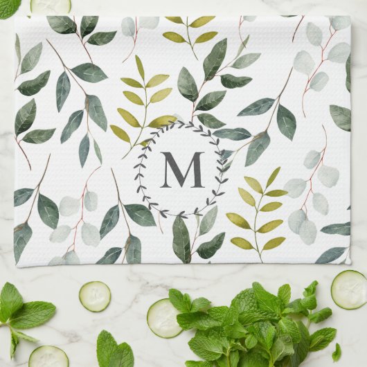 Monogram groen blad Waterverf Theedoek (Gevouwen)