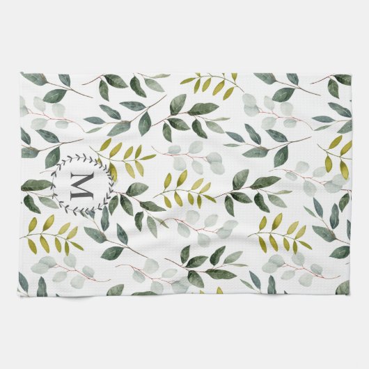 Monogram groen blad Waterverf Theedoek (Horizontaal)