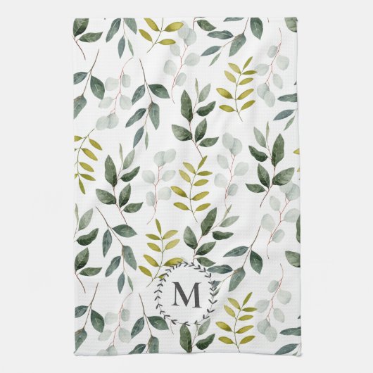Monogram groen blad Waterverf Theedoek (Verticaal)