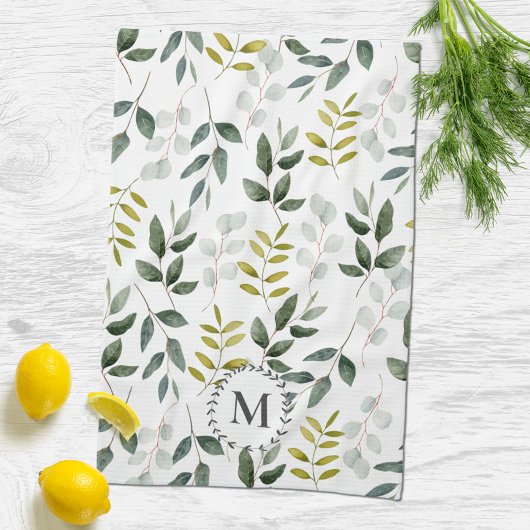 Monogram groen blad Waterverf Theedoek