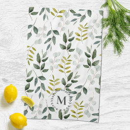 Monogram groen blad Waterverf Theedoek