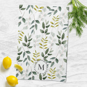 Monogram groen blad Waterverf Theedoek