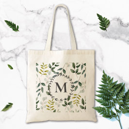 Monogram Groen Bladeren Waterverf Patroon Tote Bag
