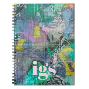 Monogram groen blauw abstract botanisch patroon notitieboek