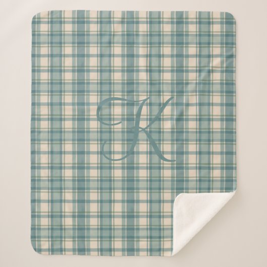 Monogram Groen Blauw Beige Tartan Buffalo Plaid Sherpa Deken (Voorkant)