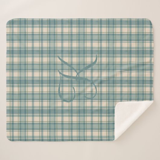 Monogram Groen Blauw Beige Tartan Buffalo Plaid Sherpa Deken (Voorkant (horizontaal))
