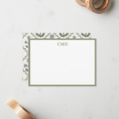 Monogram Groen Blauw Bloemen Stationery Set Notitiekaartje (Voorkant / Achterkant in situ)