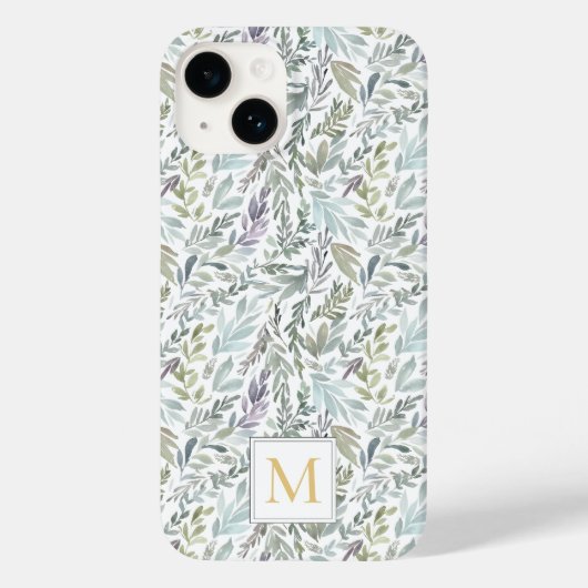 Monogram Groen Blauw Botanische Waterverf Case-Mate iPhone Case (Achterkant)