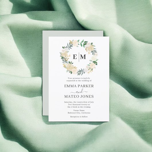 Monogram Groen Bloemen Elegante Witte Huwelijk Kaart