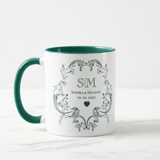 Monogram Groen Bloemenkrans Bruiloft Mok (Links)