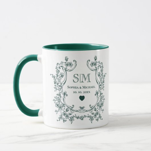 Monogram Groen Bloemenkrans Huwelijk Mok (Links)