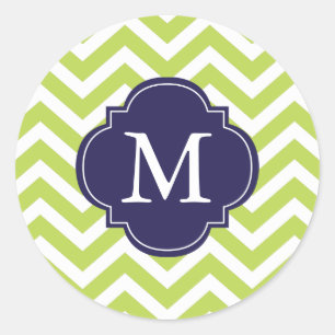 Monogram groen en blauw Zigzags Ronde Sticker