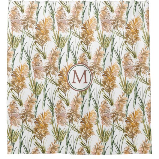 Monogram groen en bruin Pampas Grass Pattern Douchegordijn (Voorkant)