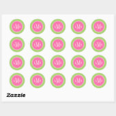 Monogram groen en roze cirkels ronde sticker (Vel)