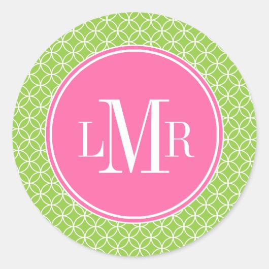 Monogram groen en roze cirkels ronde sticker (Voorkant)