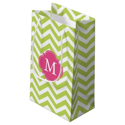 Monogram groen en warm roze Zigzag Patroon Klein Cadeauzakje (Achterkant Gekanteld)