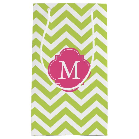 Monogram groen en warm roze Zigzag Patroon Klein Cadeauzakje (Voorkant)
